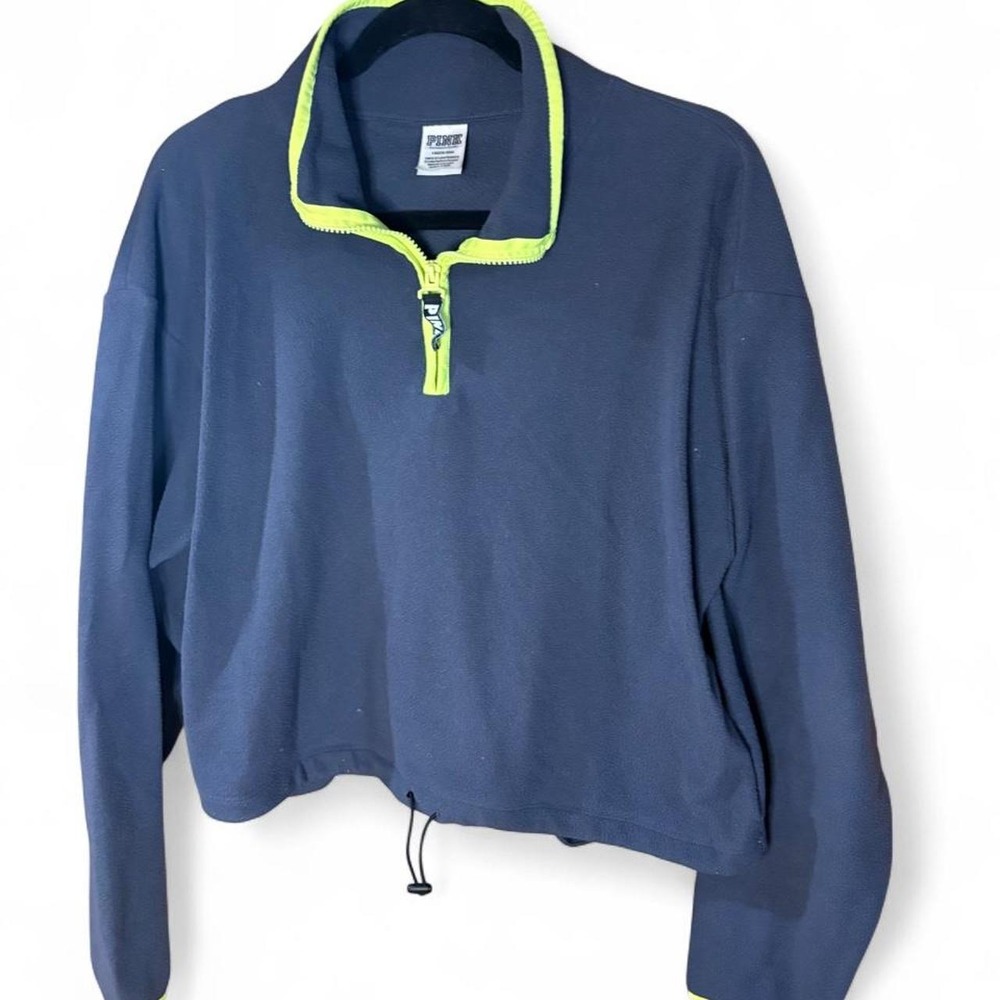 Victorias Secret PINK Fleece Quarter Zip Sweatshirt Navy Neon Yellow Large